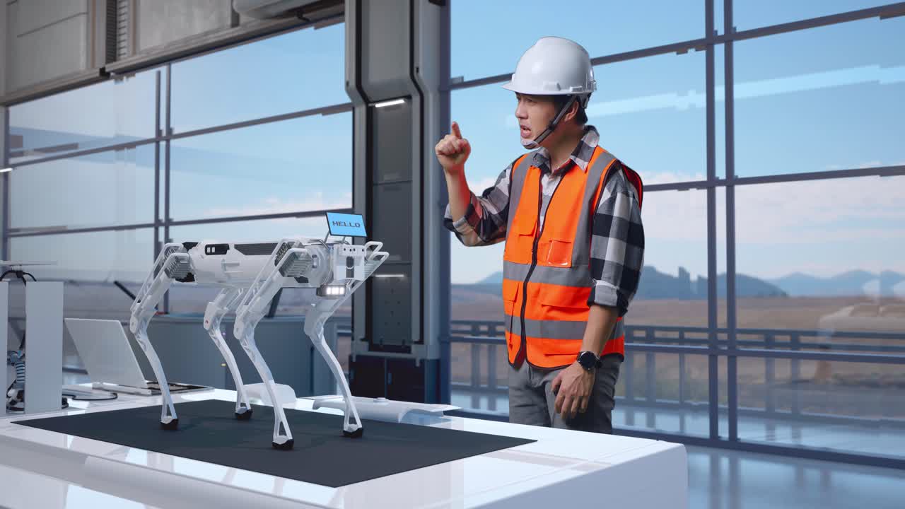Full Body Side View Of Asian Male Engineer With Safety Helmet Standing in High Tech Factory, Analyzing Robotic Machine Concept. Being Angry, Pointing At You And Shouting