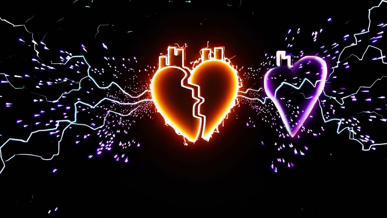 Electric sparks connecting fragmented hearts, revealing emotional pain, healing potential through vibrant energy bursting against shadowy background, symbolizing intricate relationship dynamics