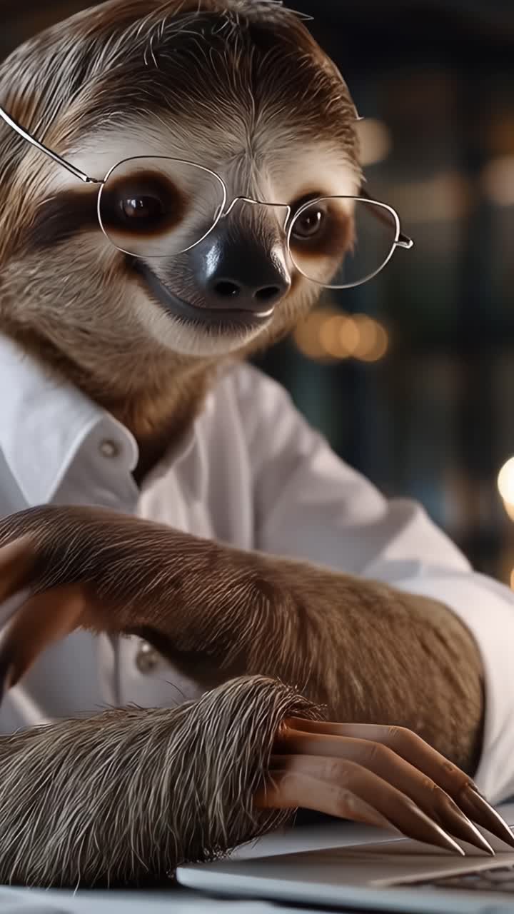 Un adorabile bradipo con gli occhiali che digita su un laptop mentre indossa una camicia bianca in un accogliente ambiente d'ufficio moderno, emanando un'atmosfera amichevole e intellettuale