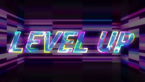 animation of level up text over colorful shapes on black background