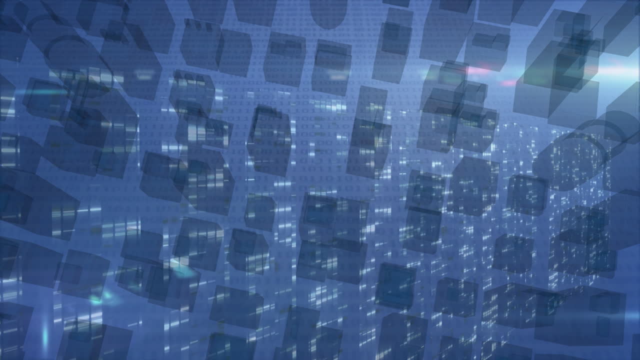Animation of digital data blocks floating over illuminated cityscape at night