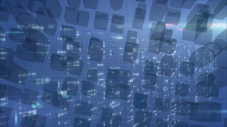 Animation of digital data blocks floating over illuminated cityscape at night