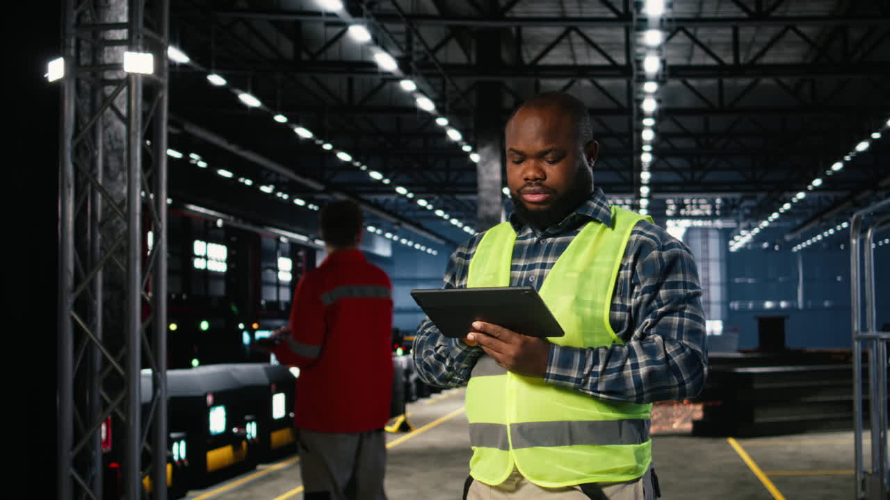Factory supervisor checks assembly equipment on a tablet in manufacturing plant