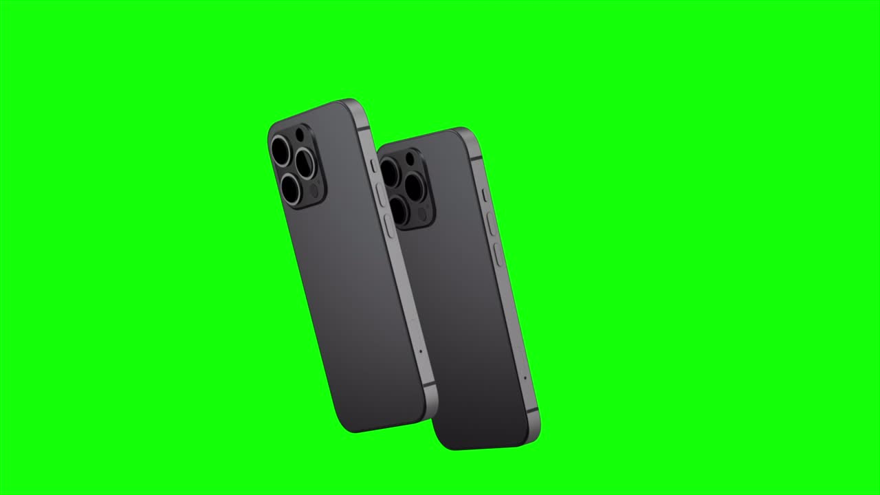 3d render de dos teléfonos inteligentes con un fondo verde. girando en pantalla. con una pantalla verde para una fácil tecla. imagen generada por computadora. fácil de personalizar.