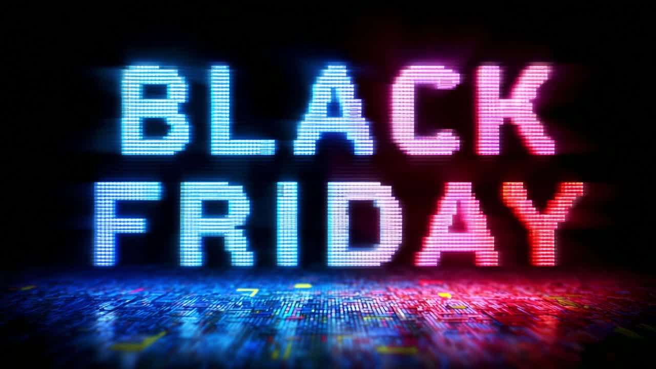 A vibrant digital representation of the shopping extravaganza, showcasing colorful lights and a lively atmosphere around 'BLACK FRIDAY' signage, evoking excitement and anticipation for major discounts