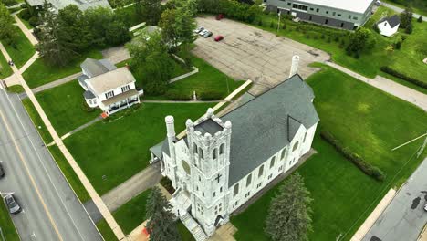 tilting down and pushing in to show the stonework of the striking church