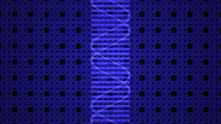 Animated Blue DNA Helix Rotating Against a Geometric Pattern Background