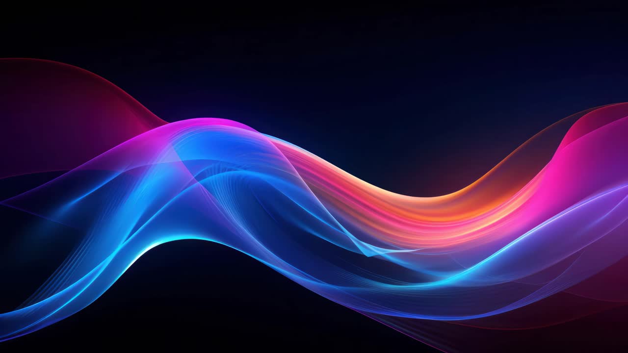 Vibrant, flowing neon waves in a dynamic, abstract style. Captured from a low-angle, this video