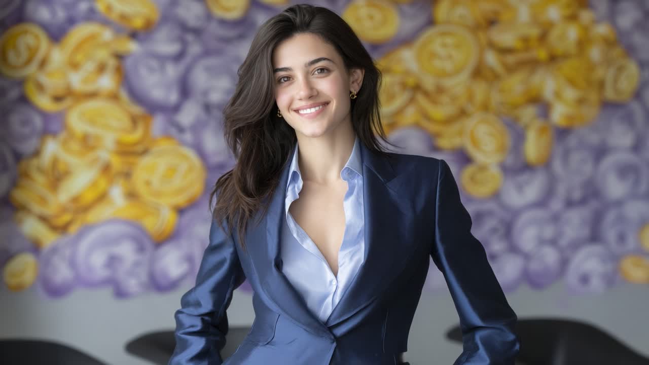 A Confident and Professional Young Woman Smiling in a Stylish Suit Against a Colorful Background of Gold Coins, Embodying Success and Positivity