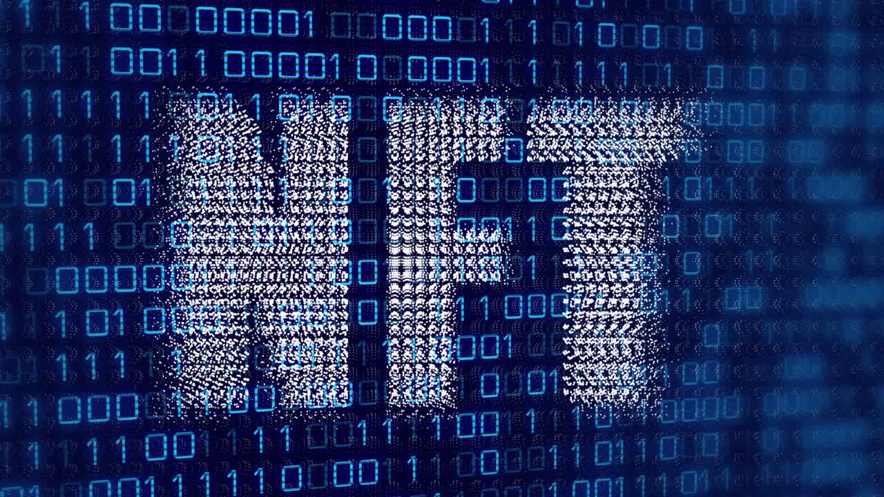 Animation of nft text over data processing on black background
