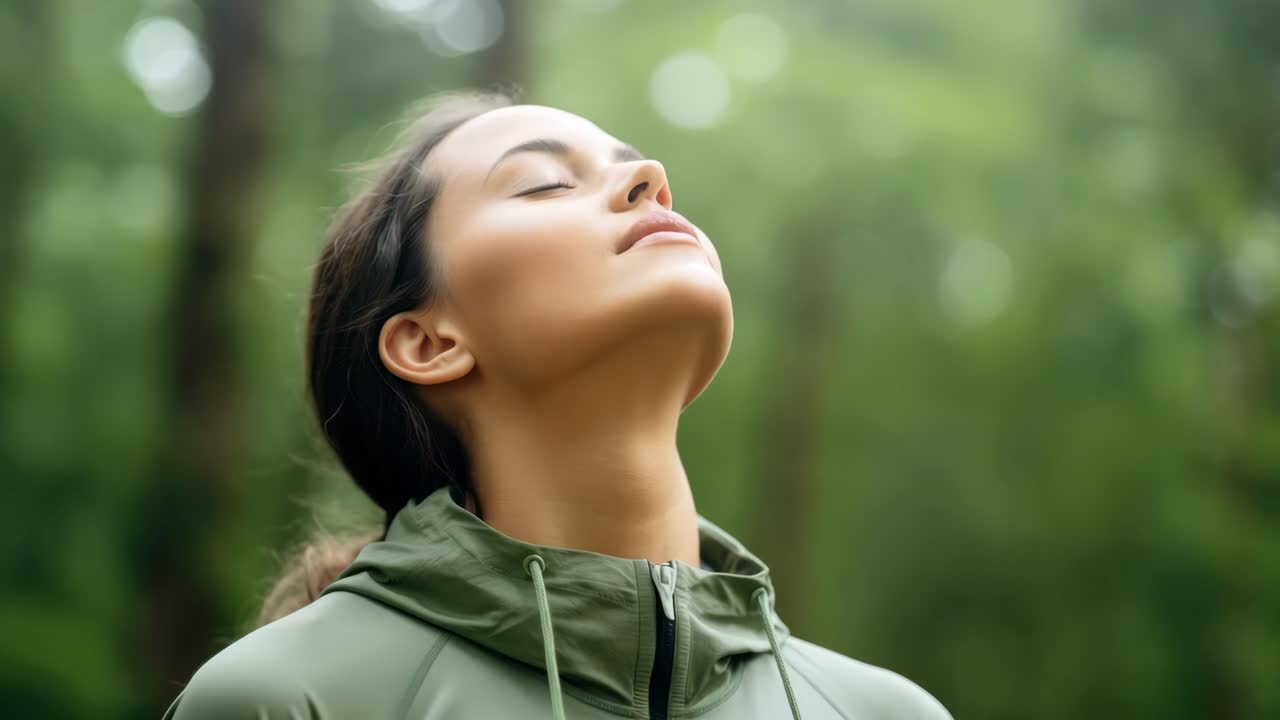Vídeo em close-up de uma mulher serena em uma floresta, de olhos fechados e usando uma jaqueta verde