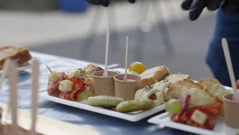 catering person with gloves serving delicious plate of appetizers