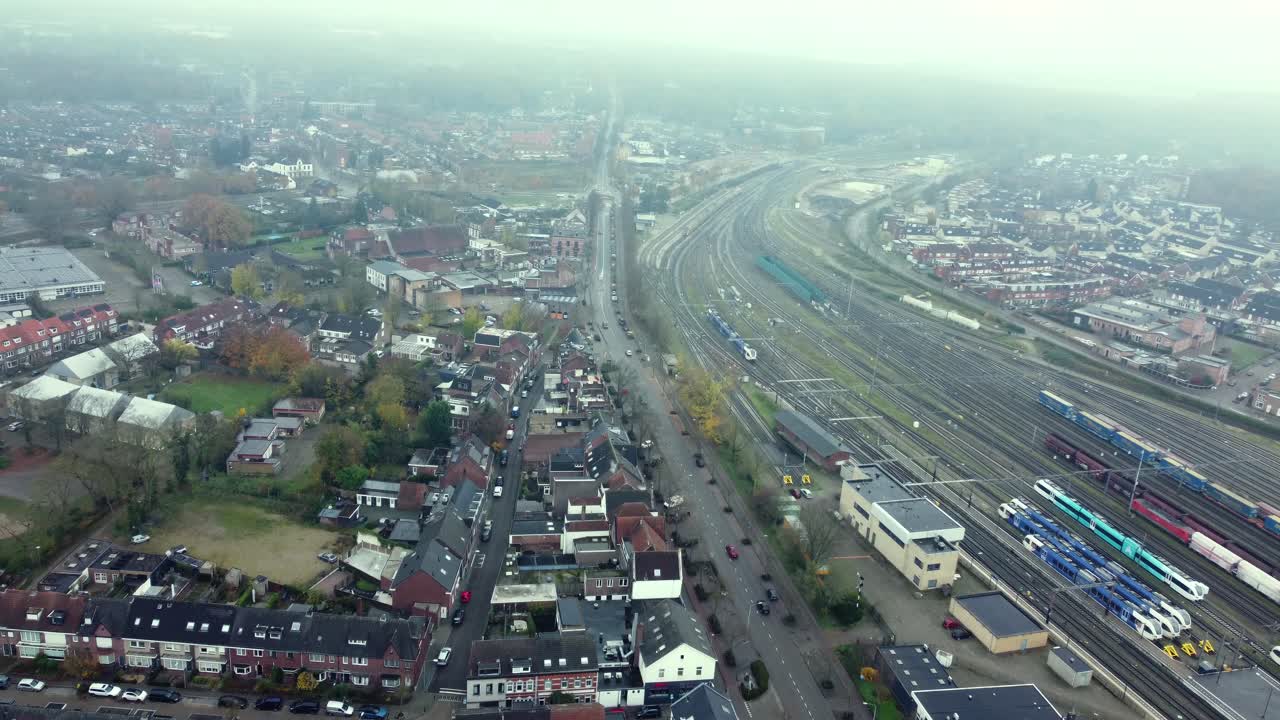 Aerial View of City and Train Station