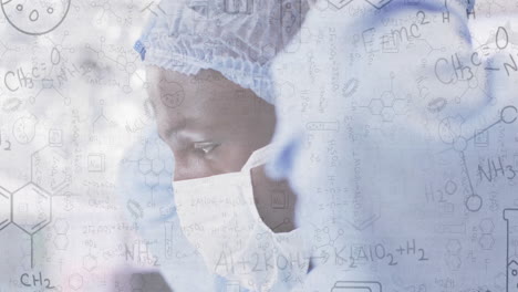 animation of chemical equations over african american male surgeon wearing face mask