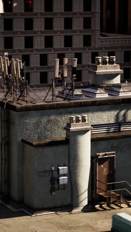 aerial view of a city building with a rooftop