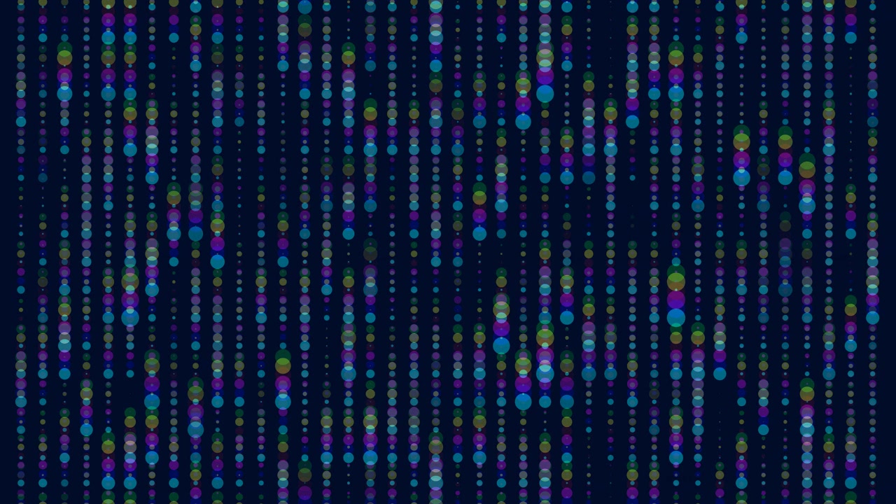 Vibrant, translucent dots cascade in vertical lines against a dark background, forming a dynamic and modern abstract pattern