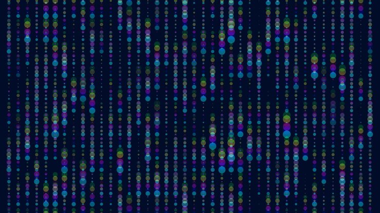 Vibrant, translucent dots cascade in vertical lines against a dark background, forming a dynamic and modern abstract pattern