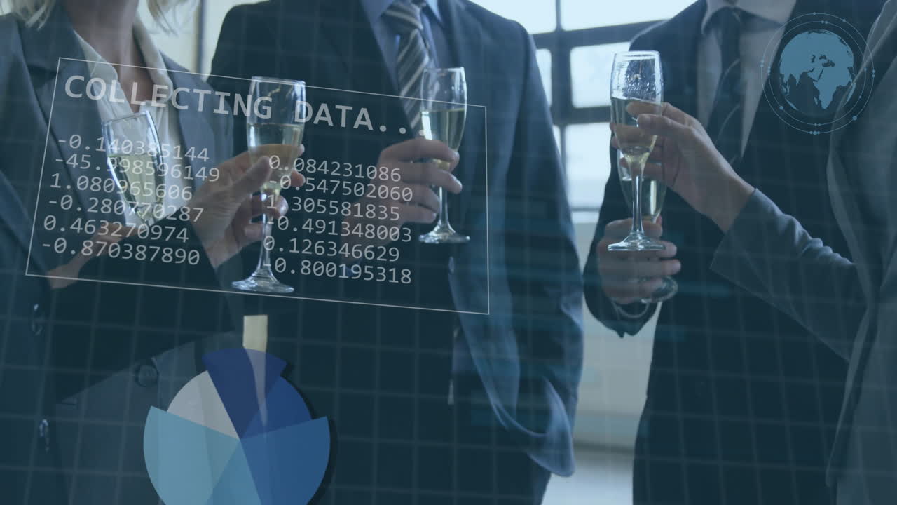 Animation of data processing over diverse business people in office