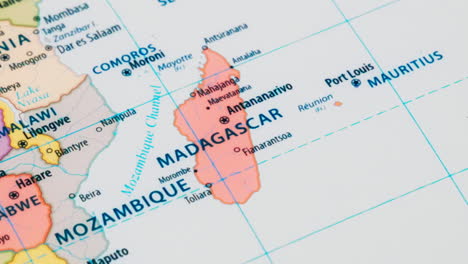 close-up of the country word madagascan on a world map with the detailed name of the capital city