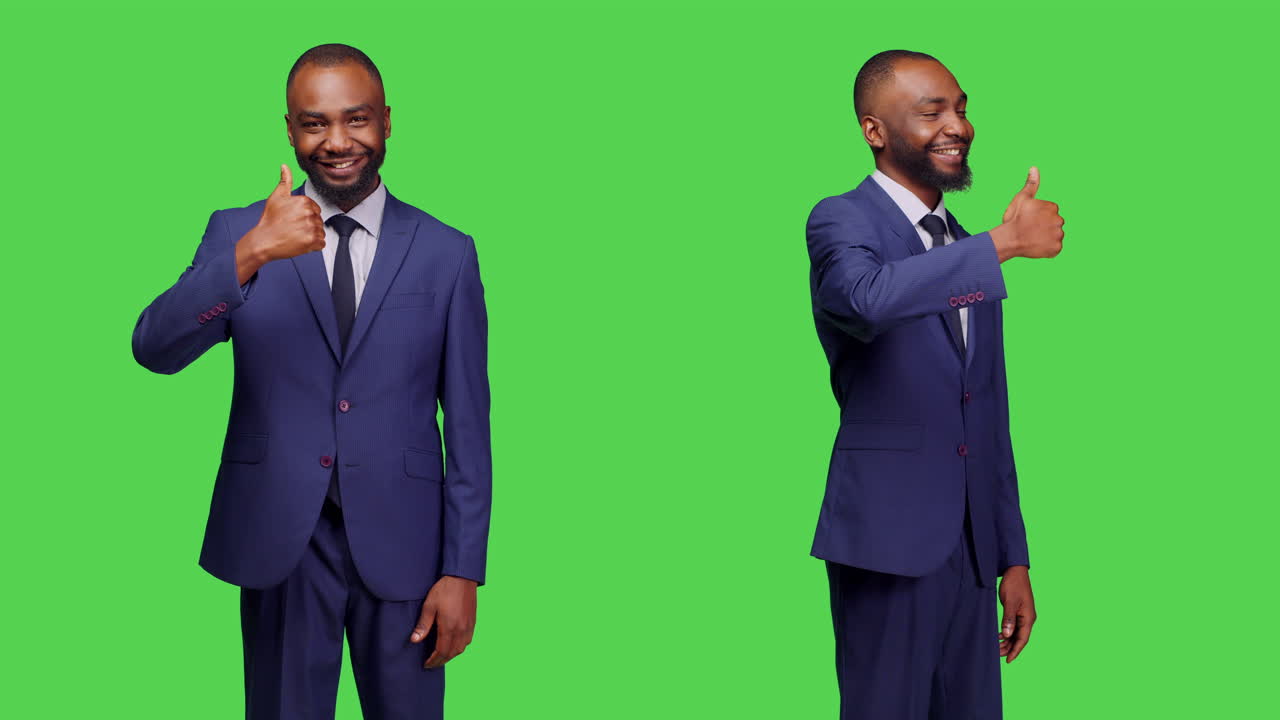 Businessman giving thumbs up on green screen