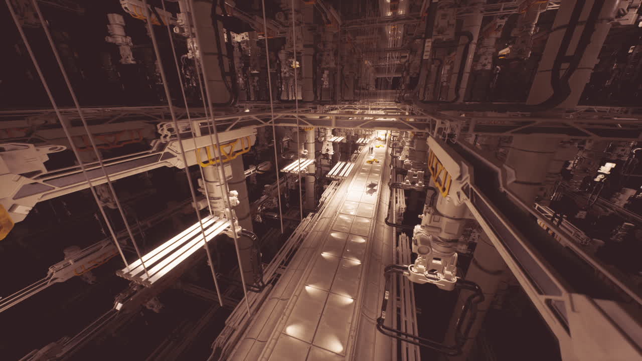 Futuristic industrial environment with advanced machinery and robotic arms