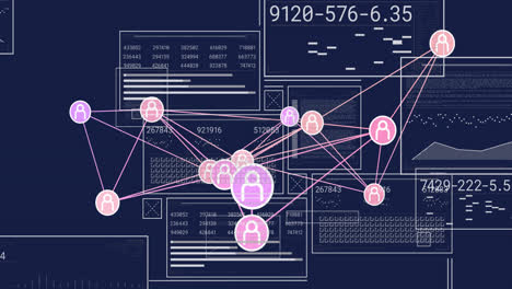 animación de conexiones con iconos y procesamiento de datos sobre fondo oscuro