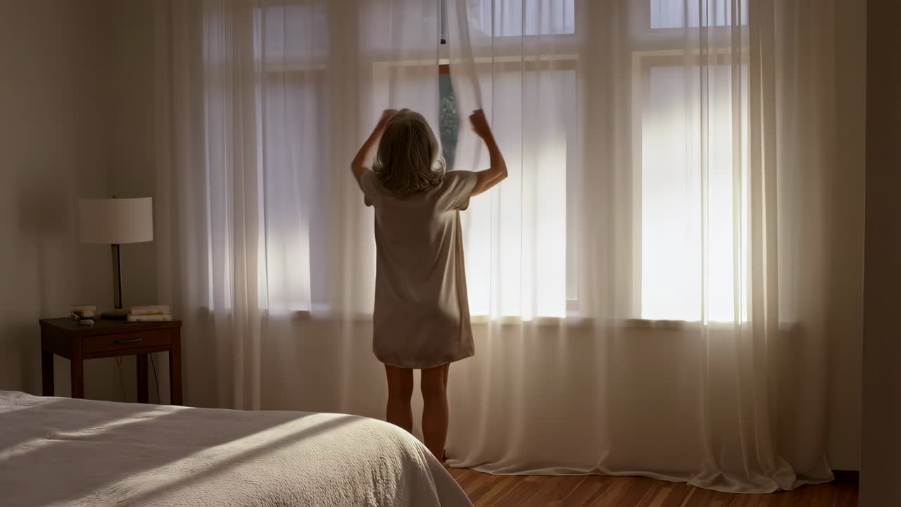 Woman opening curtains in a sunlit bedroom