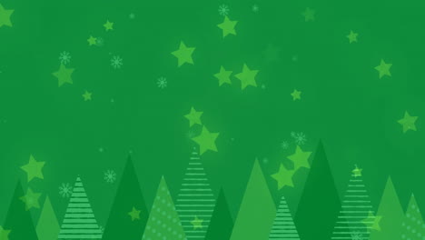 animation of stars and snow falling over fir trees on green background