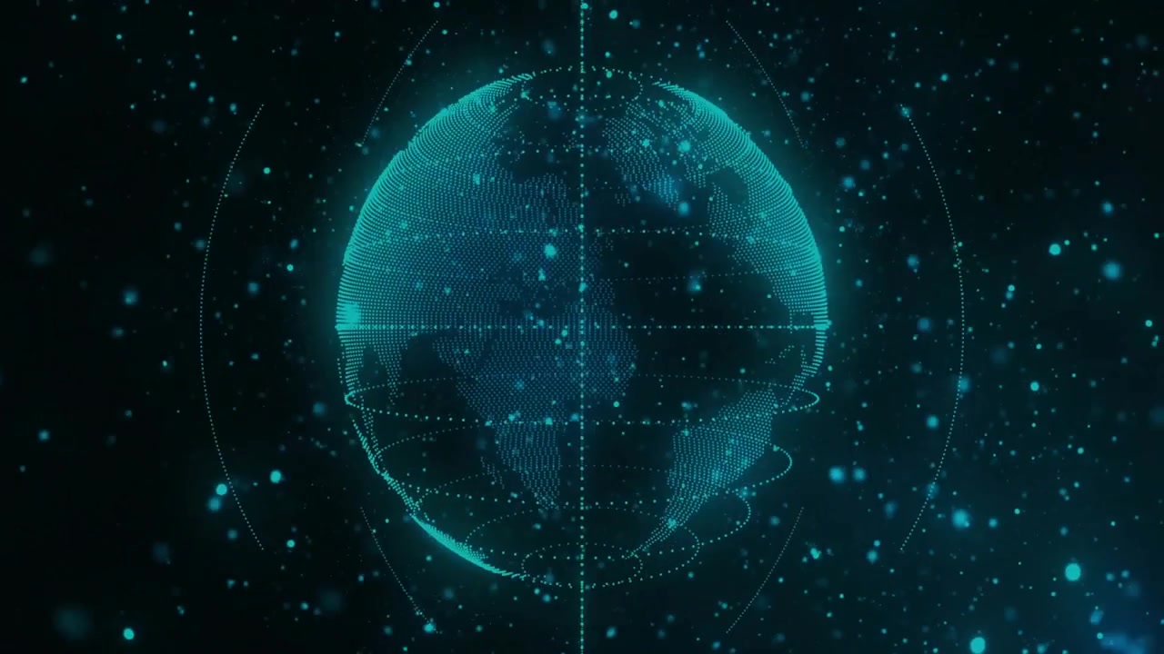 Faint dotted outline starting point cloud forming into rotating data globe for networking