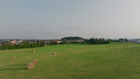 heubalen in einem grünen feld mit einem dorf im hintergrund