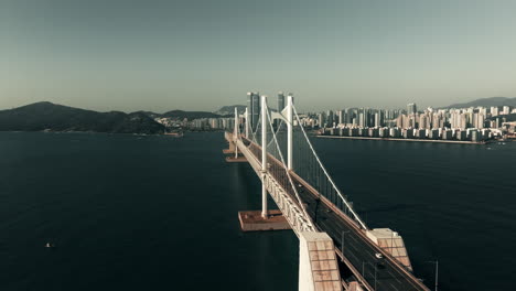 aerial view of a suspension bridge over a bay in a south korean city