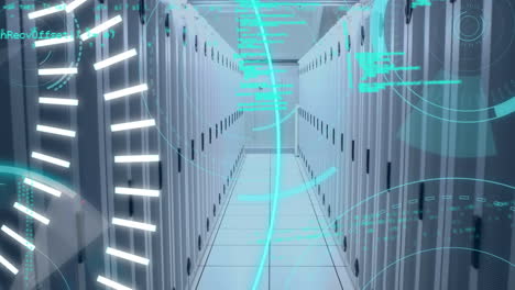 animation of data processing and 5g text over server room