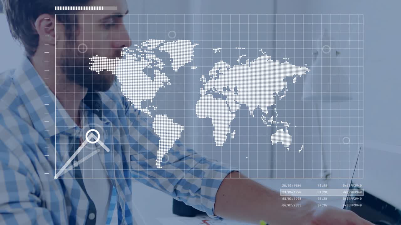 Man analyzing laptop as map overlay fading in and line graph climbing illustrating finance trends