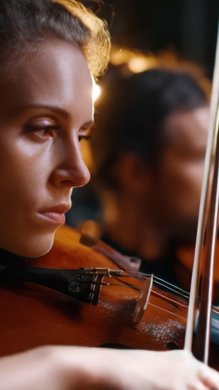 Intensa concentrazione di un violinista catturata attraverso inquadrature ravvicinate in un'ambientazione luminosa, che mostra passione artistica e dedizione musicale nella performance.