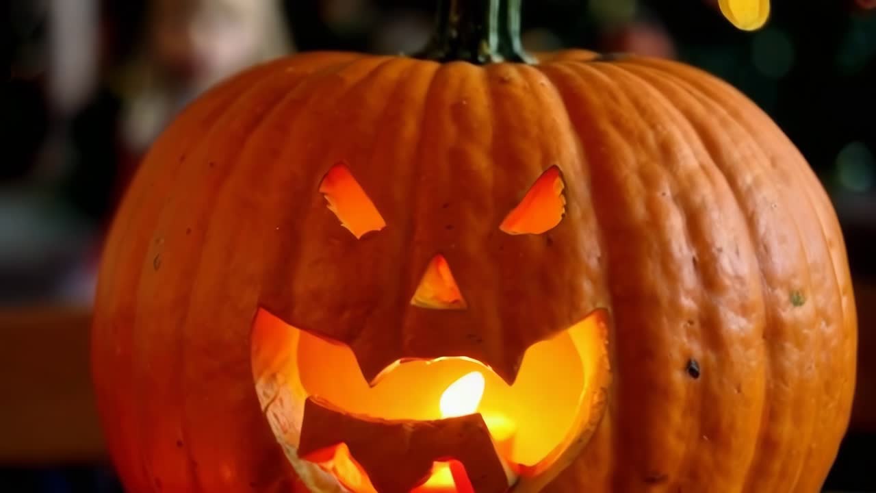 A pumpkin with a carved face sits on a table next to a candle, Halloween decoration