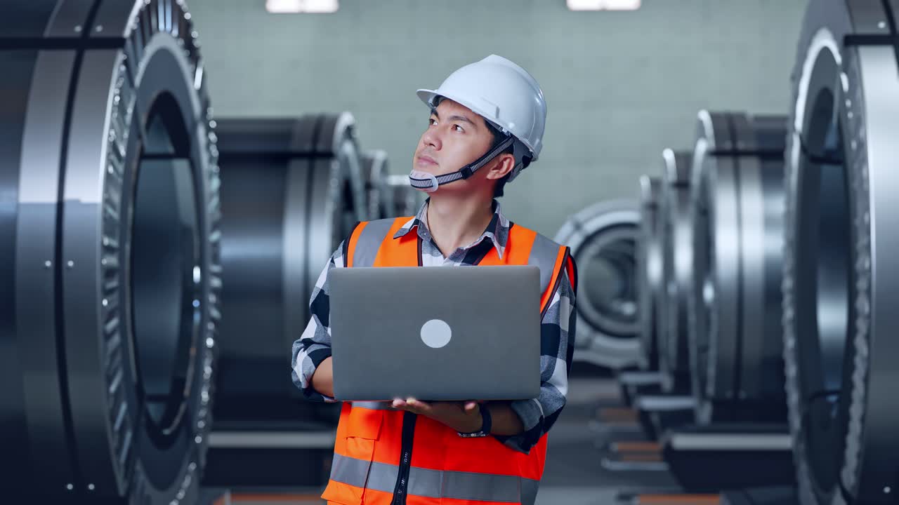 Asian Male Engineer With Safety Helmet Working On A Laptop And Looking Around While Standing In Metal Factory