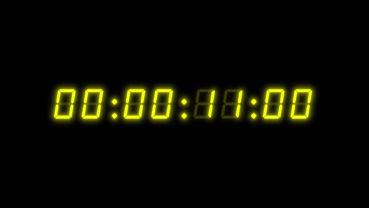 8-digits 60 seconds (1 minute) digital clock counting timer. Glowing yellow digits on black color background. Retro digital alarm clock