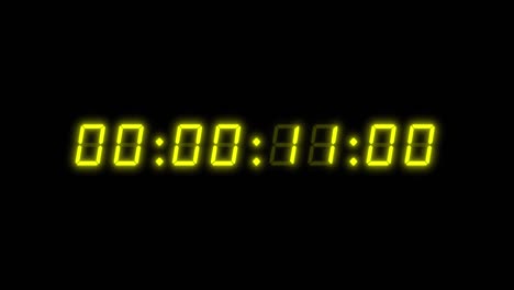 8-digits 60 seconds (1 minute) digital clock counting timer. glowing yellow digits on black color background. retro digital alarm clock