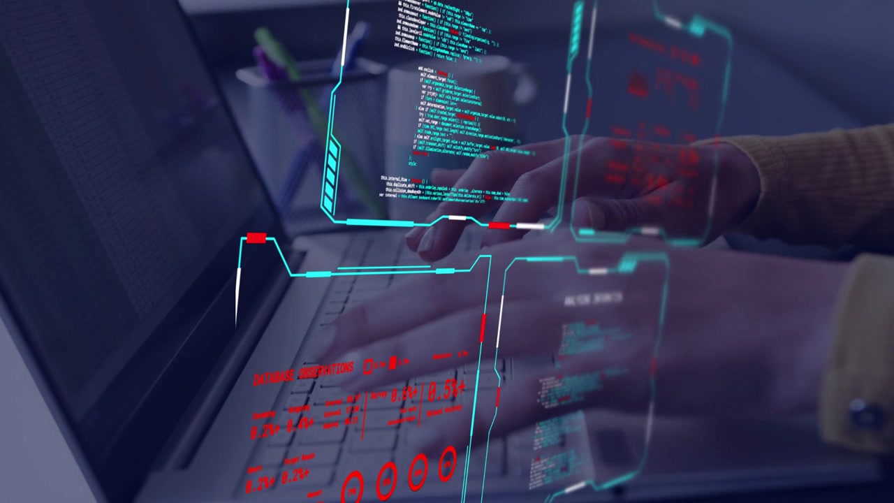 Female developer typing on laptop, initiating HUD updating code panels while developing software
