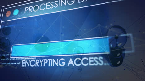 animation of digital data processing and text over networks of connections