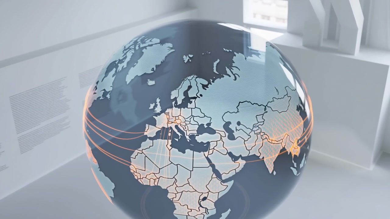 En blank mørk globus som viser Europa og Afrika, står i et rent, moderne interiør, omgitt av oransje buede linjer og mykt dagslys med geometriske elementer.