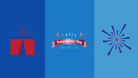 happy independence day text over tent and fireworks explosion icons against blue background