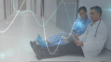 animación del procesamiento de datos financieros en diversos médicos que utilizan tabletas