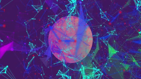 Animation-of-blue-networks-moving-over-pink-and-orange-globe-on-dark-background