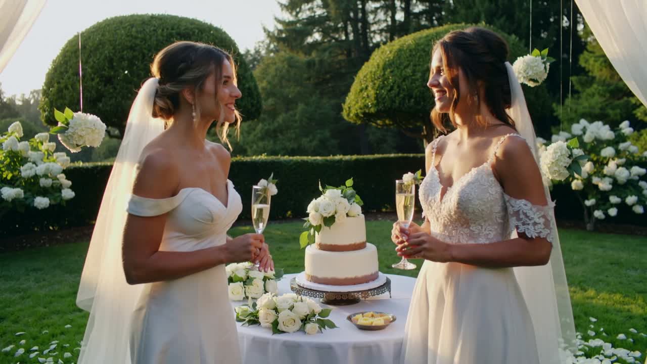 Smiling two brides in gowns and veils raising flutes at garden table, celebrating wedding with cake