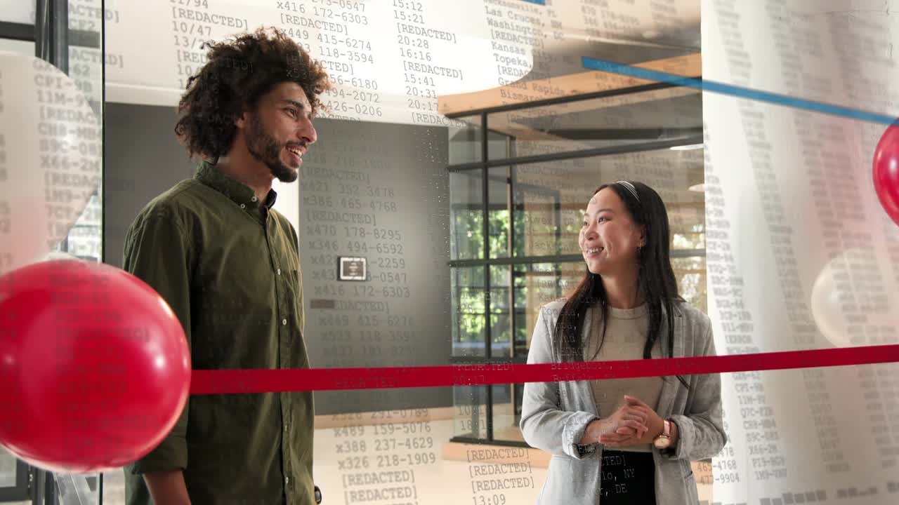 Woman raising hand, starting talk; host smiling behind ribbon; graphics overlaying opening ceremony