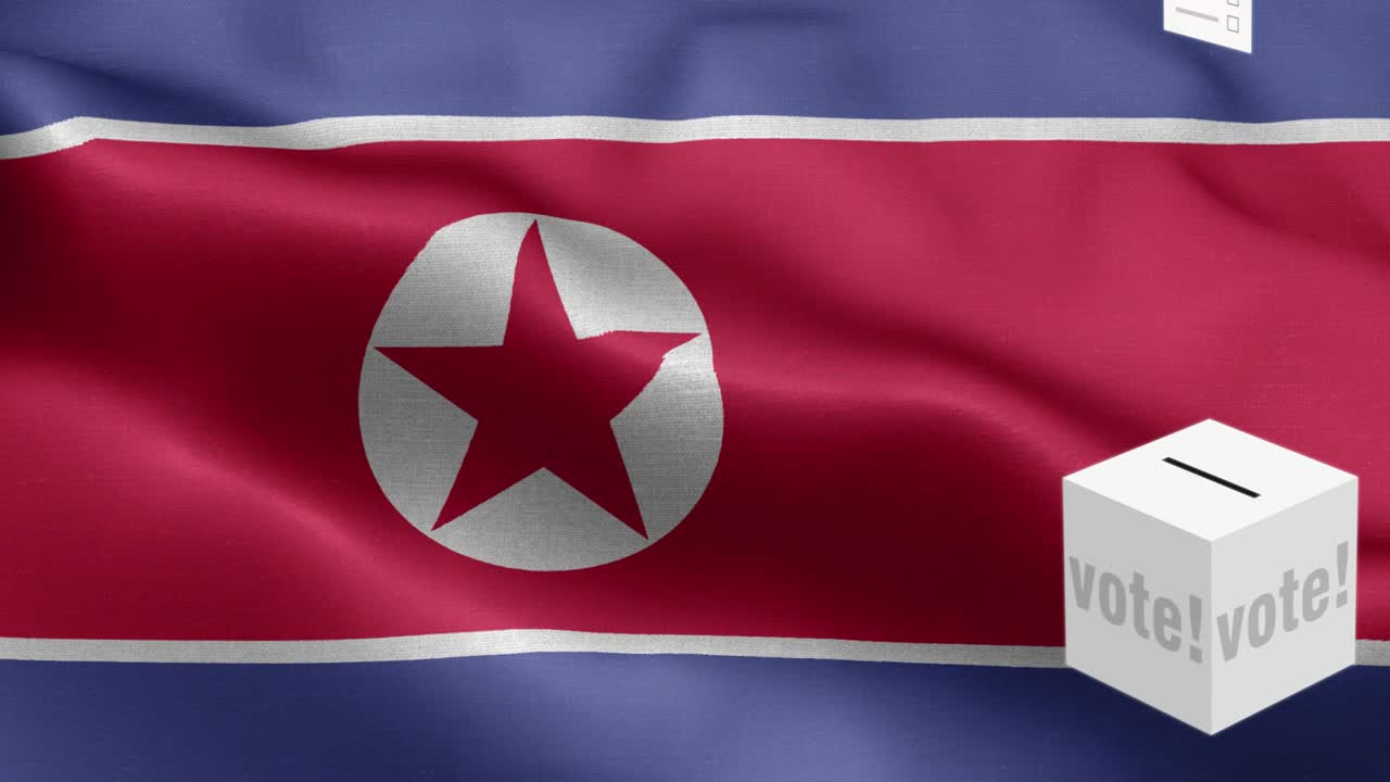 투표용지는 국기 앞에 있는 투표용지 - 선거 - 투표 - 북한의 국기 - 북한 국기 높은 세부 사항 - 북한의 국가 국기 파동 패턴 루프 가능한 요소 - 직물 질감과 끝없는 루프