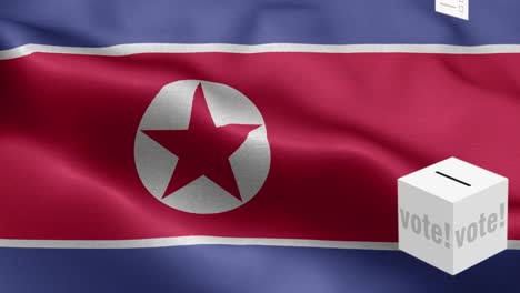 las boletas vuelan a la caja para corea del norte selección - caja de votación frente a la bandera - elección - voto - bandera de corea del norte - bandera de korea del norte alto detalle - bandera nacional de corea del norte patrón de onda elementos loopables - textura de tela y bucle sin fin
