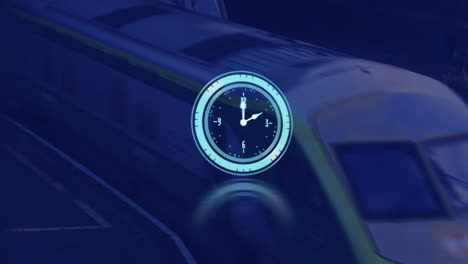 animación del reloj sobre el tren en movimiento por la noche