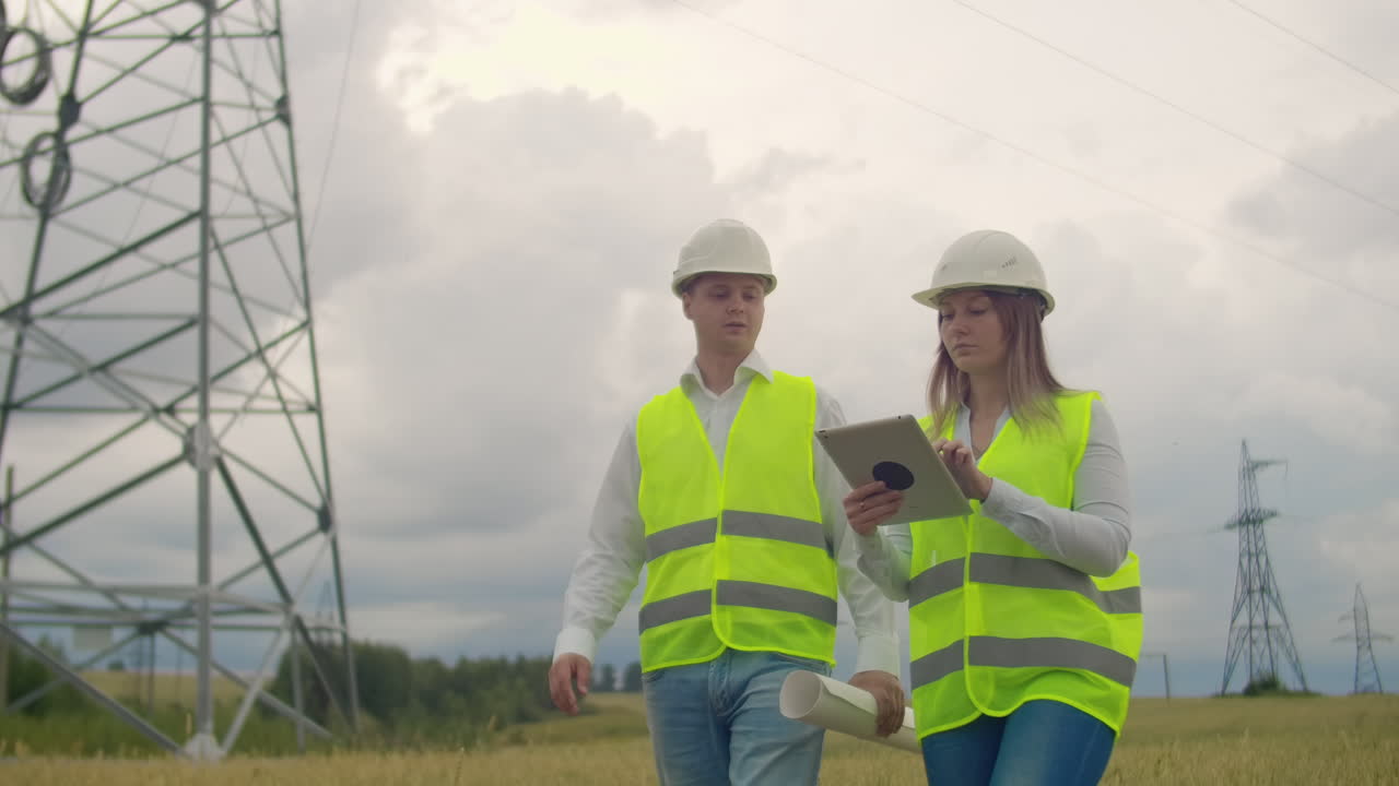 Power lines a man and a woman engineers with a tablet in their hands discussing the progress of the construction project
